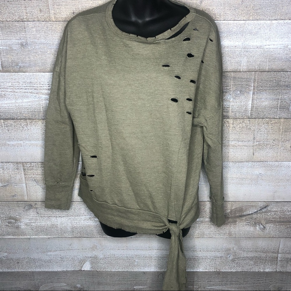 Abound oversized military green distressed tie front fleece sweater